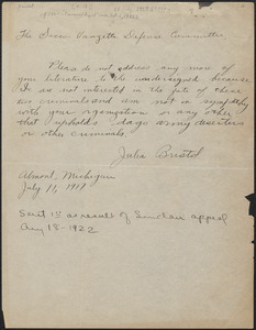 Julia Bristol autograph letter signed to Sacco-Vanzetti Defense Committee, Almont, Mich., July 11, [1917?]