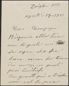 Sam Bruno autograph letter signed, in Italian, to Caro Compagno, Zeigler, Ill, August 17, 1921