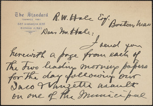 William Vinal Burt (The Standard) autograph note signed to R. W. Hale, Buenos Aires, Argentina, June 10, 1927