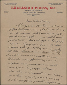 [Armando] Borghi autograph letter signed, in Italian, to Emilio Recchioni, Boston, Mass., [1920-1927]