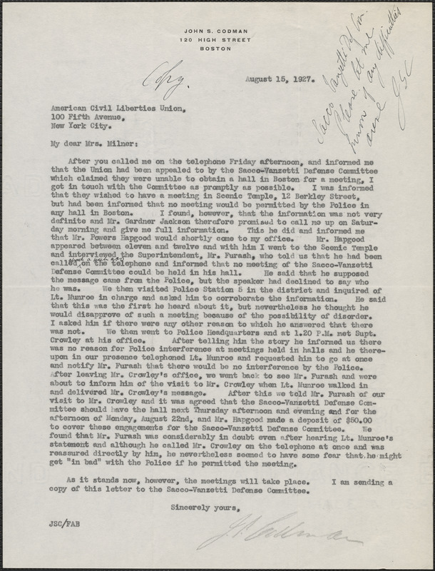 John S. Codman typed letter (copy) to American Civil Liberties Union ...