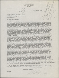 John S. Codman typed letter (copy) to American Civil Liberties Union, Boston, Mass., August 15, 1927
