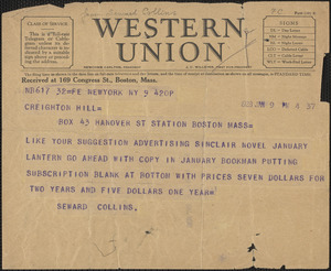 Seward Collins telegram to Creighton Hill, New York, N. Y., January 9, 1928