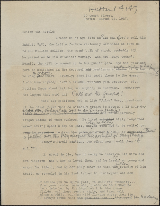 T[homas] Connolly typed letter signed (draft) to Editor, [The Boston Herald], Boston, Mass., August 24, 1927