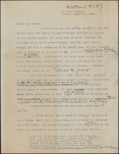 T[homas] Connolly typed letter signed (draft) to Editor, [The Boston Herald], Boston, Mass., August 24, 1927