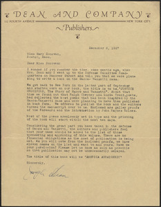 Joseph Dean typed letter signed to Mary Donovan, New York, N. Y., December 6, 1927