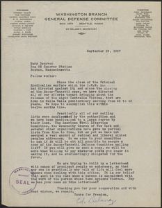 Ed Delaney (General Defense Committee, Washington Branch) typed letter signed to Mary Donovan, Seattle, Wash., September 29, 1927