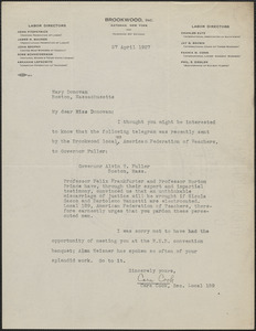 Cara Cook (Brookwood, Inc.) typed letter signed to Mary Donovan, Katonah, N. Y., April 27, 1927