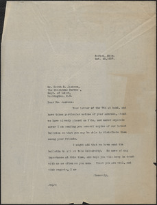 Joseph Moro typed letter to Edith B. Jackson (The Childrens Bureau, Dept. of Labor), Boston, Mass., October 10, 1927