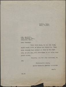 Mary Donovan (Sacco-Vanzetti Defense Committee) typed note (copy) to E. G. Marshall, Boston, Mass., September 7, 1927