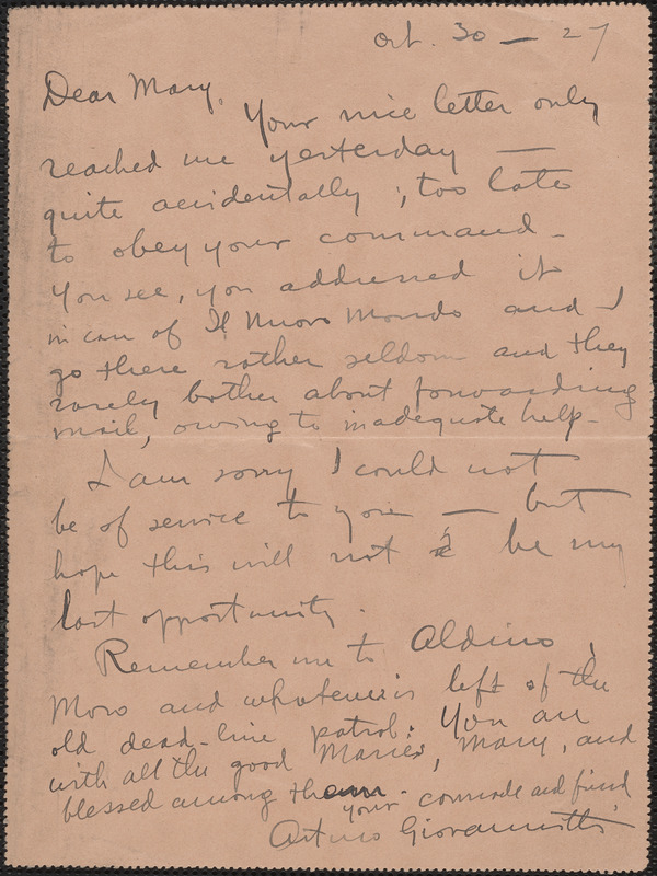 Arturo Giovannitti autograph letter signed. to Mary Donovan, New York, N. Y., October 30, 1927