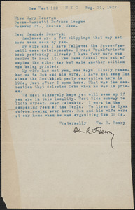 William R. Henry typed letter signed to Mary Donovan, New York, N. Y., August 31, 1927