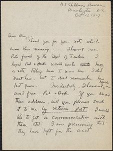 Edith Jackson (U. S. Childrens' Bureau) autograph letter signed to Mary Donovan, Washington, D. C., October 17, 1927