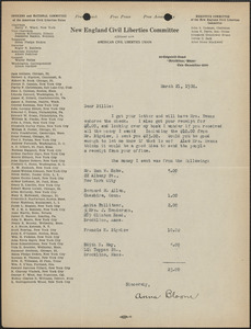 Anna Bloom (New England Civil Liberties Union) typed letter signed to Billie, Boston, Mass., March 21, 1924