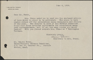 [Anna] Bloom typed note signed to [Amleto Fabbri], Brookline, Mass., June 4, 1926