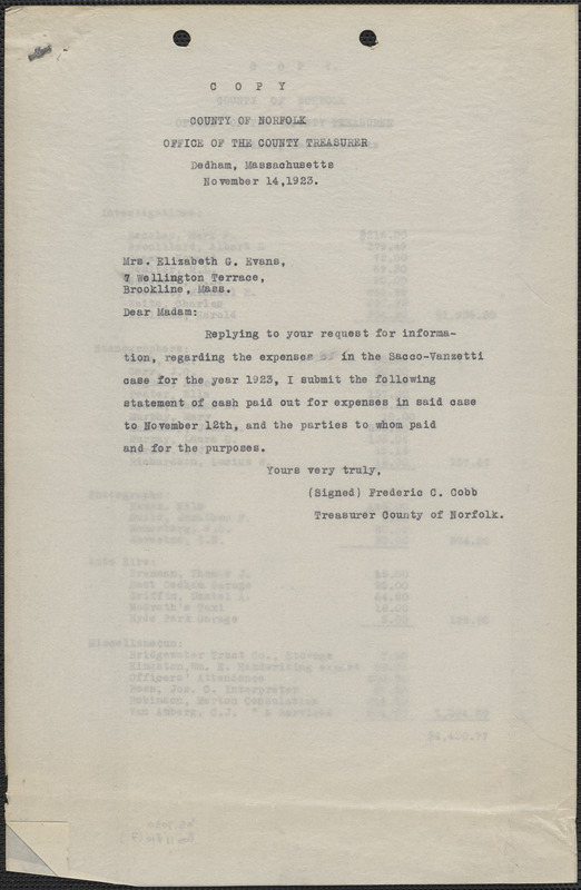 Frederic C. Cobb (County of Norfolk, Office of the County Treasurer) typed letter (copy) to Elizabeth G[lendower] Evans, Dedham, Mass., November 14, 1925