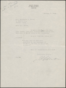 John S. Codman typed letter signed to Elizabeth G[lendower] Evans, Boston, Mass., October 1, 1924