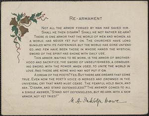 [Elizabeth] Glendower Evans printed Christmas card: Re-Armament by M. A. DeWolfe Howe
