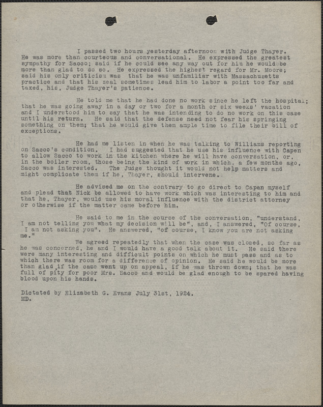 Elizabeth Glendower Evans typed document, [Boston, Mass.], July 31, 1924
