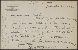 Elizabeth [G]lendower Evans autograph note signed to [Amleto] Fabbri, Chatham, Mass., September 2, 1925