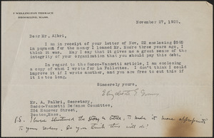 Elizabeth G[lendower] Evans autograph letter signed to A[mleto] [Fabbri], Brookline, Mass., November 27, 1925