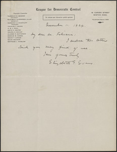Elizabeth G[lendower] Evans (League for Democratic Control) autograph letter signed to [Aldino] Felicani, Brookline, Mass., November 11, 1924