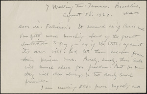 Elizabeth G[lendower] Evans autograph letter signed to [Aldino] Felicani, Brookline, Mass., August 28, 1927