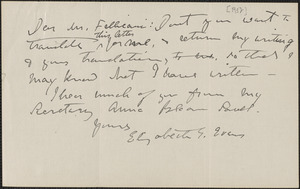 Elizabeth G[lendower] Evans autograph note signed to [Aldino] Felicani, Brookline, Mass., 1932?]