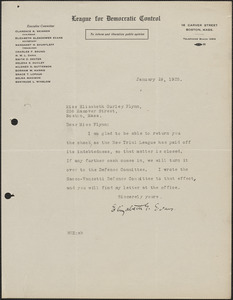 Elizabeth G[lendower] Evans (League For Democratic Control) typed note signed to Elizabeth Gurley Flynn, Boston, Mass., January 19, 1925