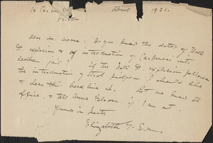 Elizabeth G[lendower] Evans autograph note signed to [Fred H.] Moore. Boston, Mass., April 1921