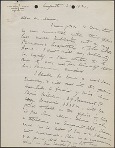 Elizabeth G[lendower] Evans autograph letter signed to [Fred H.] Moore, Boston, Mass., August 21, 1921