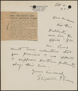 Elizabeth Glendower Evans autograph letter signed to [Fred H.] Moore, Brookline, Mass., September 4, 1921