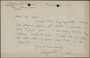 Elizabeth G[lendower] Evans autograph note signed to [Fred H.] Moore, Brookline, Mass., October 2, 1921