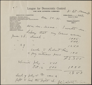 E[lizabeth] G[lendower] Evans (League for Democratic Control) autograph letter signed to [Fred H.] Moore, Boston, Mass., December 20, 1921