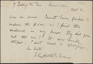 Elizabeth G[lendower] Evans autograph note signed to [Fred H.] Moore, Brookline, Mass., September 3, [1922]