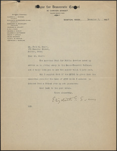 Elizabeth G[lendower] Evans (League for Democratic Control) typed letter signed to Fred H. Moore, Boston, Mass., December 5, 1922