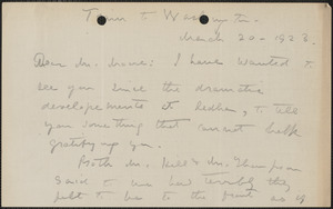 Elizabeth G[lendower] Evans autograph note signed to [Fred H.] Moore, en route to Washington, D. C, March 20, 1923
