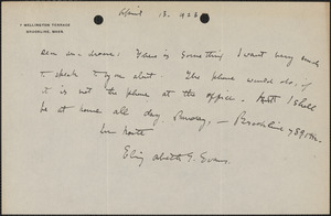 Elizabeth G[lendower] Evans autograph note signed to [Fred H.] Moore, Brookline, Mass., April 13, 1923