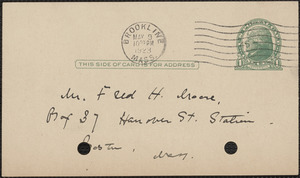 E[lizabeth] G[lendower] Evans autograph note signed (postcard) to Fred H. Moore, Brookline, Mass., May 9, 1923