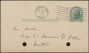 Elizabeth G[lendower] Evans autograph note signed (postcard) to [Fred H.] Moore, Brookline, Mass., May 19, 1923