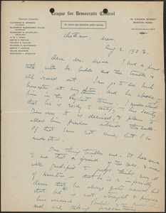 Elizabeth G[lendower] Evans (League for Democratic Control) autograph letter signed to [Fred H.] Moore, Chatham, Mass., August 2, 1923