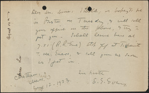Elizabeth G[lendower] Evans autograph note signed to [Fred H.] Moore, Chatham, Mass., August 12, 1923