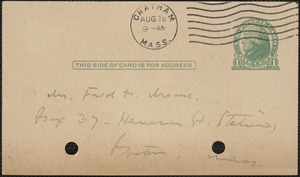Elizabeth G[lendower] Evans autograph note signed (postcard) to Fred H. Moore, Chatham, Mass., August 28, 1923