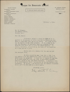 Elizabeth Glendower Evans (League for Democratic Control) typed letter signed to F[red] H. Moore, Boston, Mass., February 6, 1924