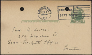 E[lizabeth] G[lendower] Evans autograph note signed (postcard) to Fred H. Moore, Boston, Mass., February 6, 1924