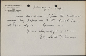 Elizabeth G[lendower] Evans autograph note signed to [Fred H.] Moore, Brookline, Mass., February 7, 1924