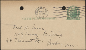 Elizabeth G[lendower] Evans autograph note signed (postcard) to Fred H. Moore, Brookline, Mass., April 27, 1924