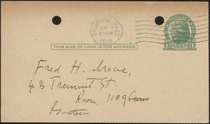 E[lizabeth] G[lendower] Evans autograph note signed (postcard) to Fred H. Moore, Brookline, Mass., May 9, 1924