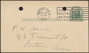 E[lizabeth] G[lendower] Evans autograph note signed (postcard) to F[red] H. Moore, Boston, Mass., July 27, 1924