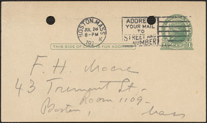 E[lizabeth] G[lendower] Evans autograph note signed (postcard) to F[red] H. Moore, Boston, Mass., July 28, 1924
